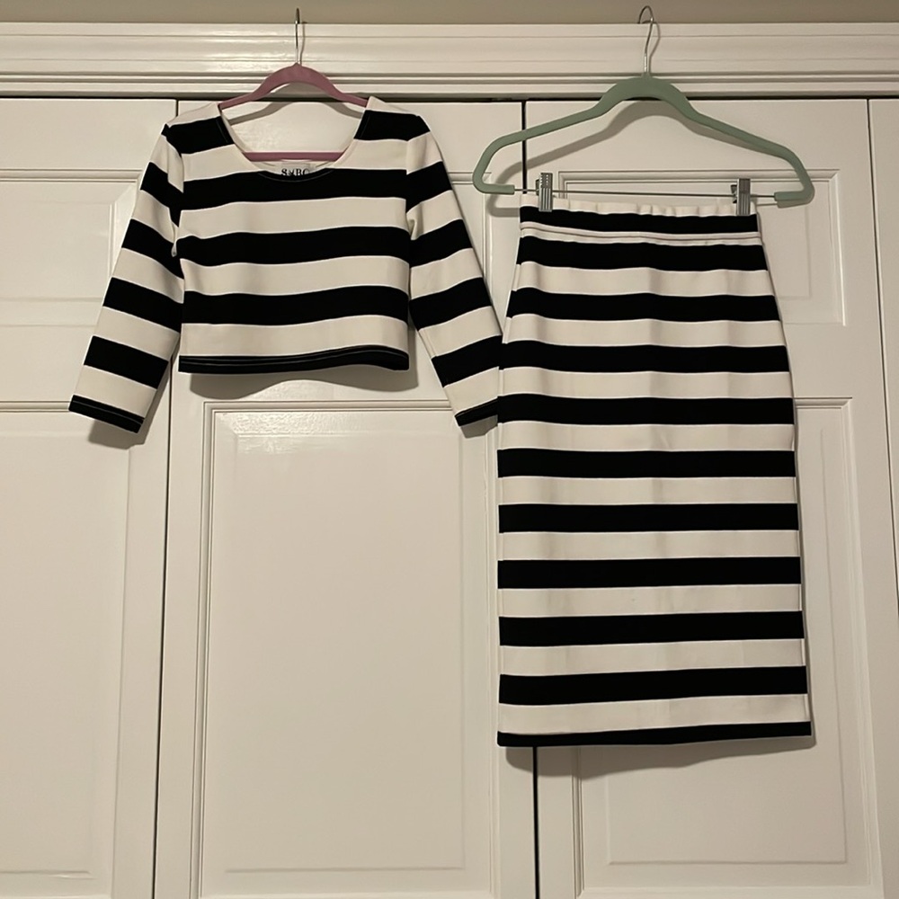 SaboSkirt Black and White Stripe Midi Skirt and Crop Top Set